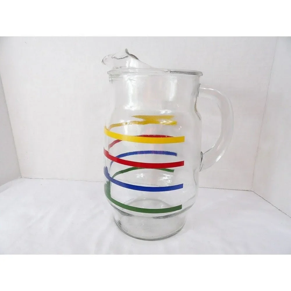 Pitcher Anchor Hocking Fiesta Glass Ice Lip Rainbow Colors Stripe 72 Oz Tea